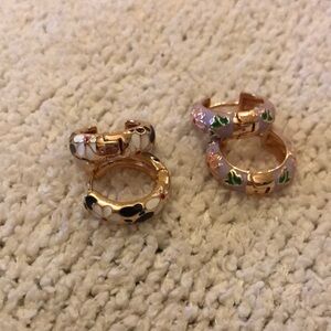 Pair of Gold-Tone Floral Cloisonné Enamel Huggie Hoop Earrings